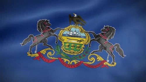 Waving Pennsylvania Flag with Coat of Arms Emblem