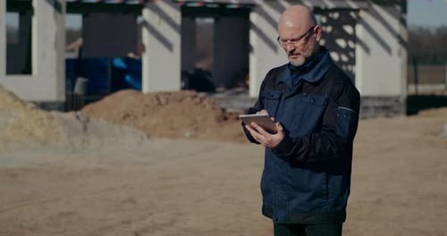 Costruction Worker Using Digital Tablet at Construction Site