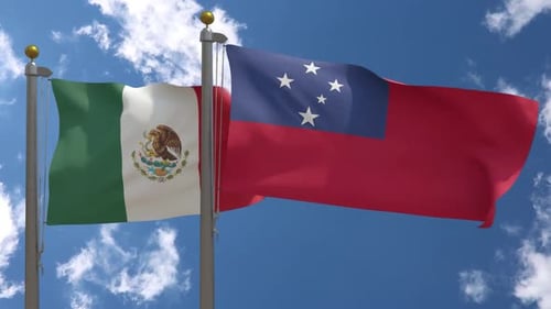 Mexico and Samoa National Flags Waving Against a Blue Sky