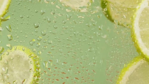 Lemon and Lime Cocktail Cooking Cold Lemonade Citrus Fruits in Water on Green Background Shooting of