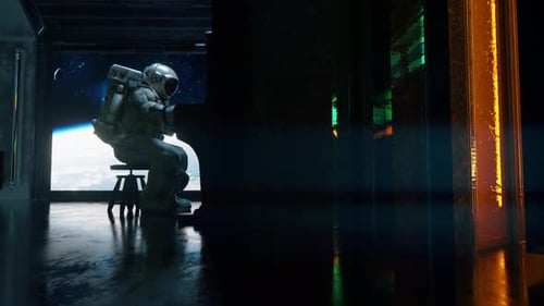 Futuristic Astronaut Plays Piano in Space Station Overlooking Earth