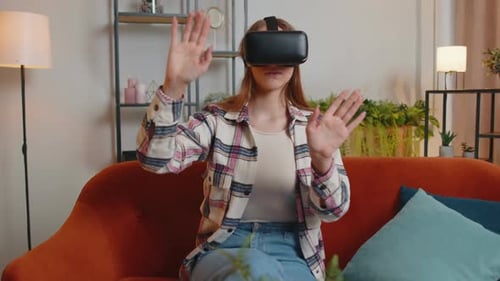 Woman Uses VR Headset in Modern Living Room