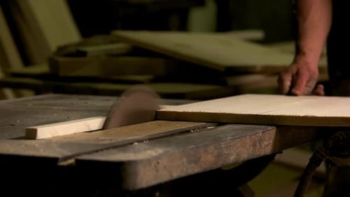 Male Carpenter Cutting Wood Plank with Electric Saw