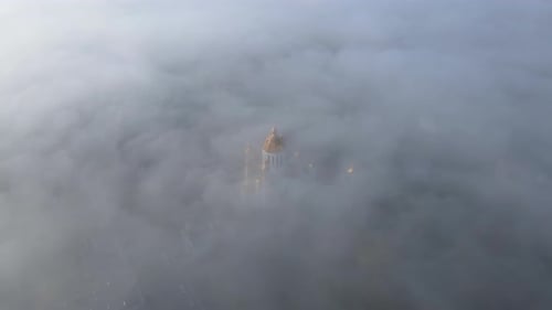 Cathedral In Rivne Aerial Shot In The Fog