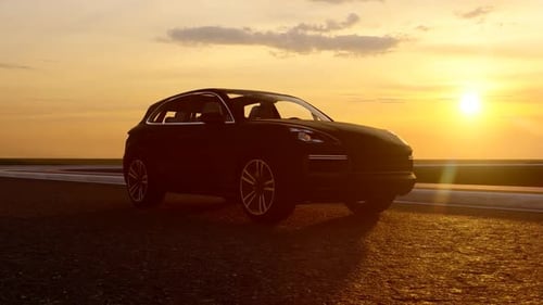 3D Animated Modern SUV on Road with Golden Sunset
