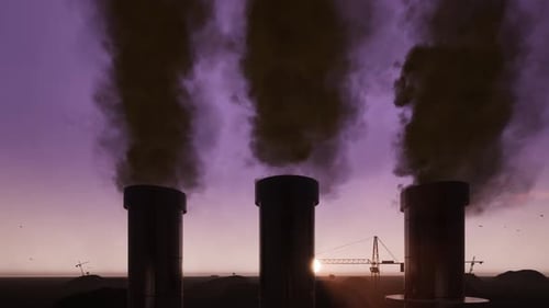 Industrial Smoke Stacks Polluting Sky with Dark Smoke at Sunset