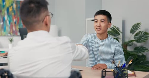 Two Men Meet in Company Office Morning for Interview Disabled Boy Arrives in Wheelchair Wearing