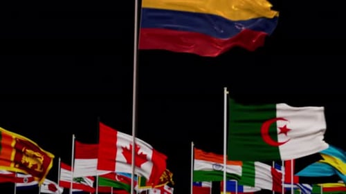 Waving Colombian Flag with Blurred International Flags Background