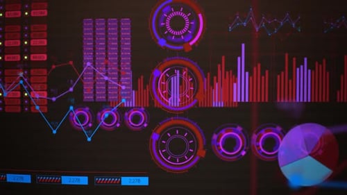 Advanced futuristic graphic interface. Displays abstract diagrams and charts.