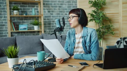 Woman Recording Podcast in Home Studio