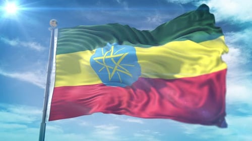 Realistic Ethiopian Flag Waving in Sunny Sky with Lens Flare