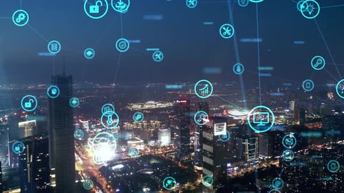 smart Connected city skyline. Futuristic network concept, city Technology.