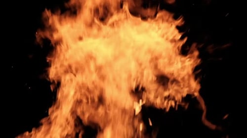 Fire Flames on a Black Background in Slow Motion Bonfire Burning at Night
