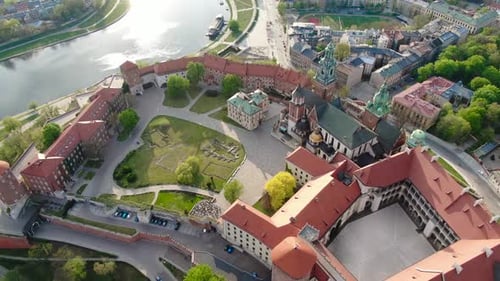Aerial footage of Wawel Royal Castle in Cracow, Krakow, Poland, Polska