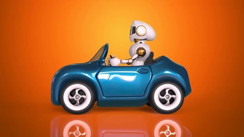 Robot Driving a Blue Convertible Car Animation