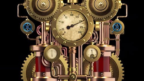 Animated Steampunk Machine with Rotating Gears and Moving Gauges