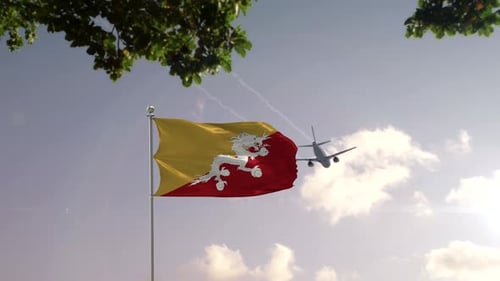 Bhutan Flag With Airplane And City -3D rendering