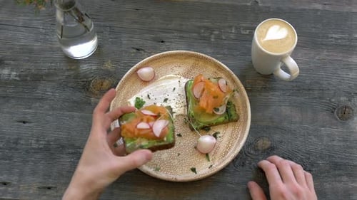 Top View of Healthy Sandwich Toast with Lettuce Ham Cheese Salmon and Coffee