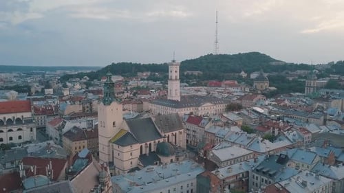 Aerial City Lviv, Ukraine. European City. Popular Areas of the City. Town Hall