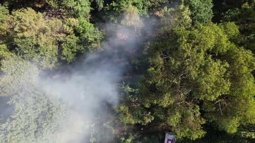 Aerial Birds Eye View of Forest Fire With Smoke