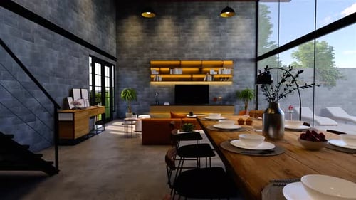 3d rendering. Interior house modern open living space with kitchen.