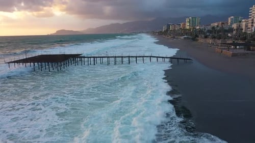 Strong Storm in the Sea Turkey Alanya Aerial Shoot