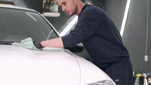 Man Polish a Car in a Garage