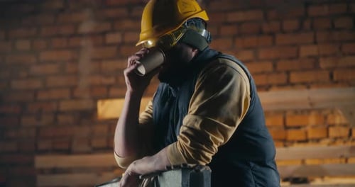 Man Drinking Hot Beverage on Construction Site