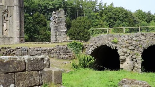 Left to right view of the ruined Cistercian monastery, Fountains Abby in North Yorkshire UK