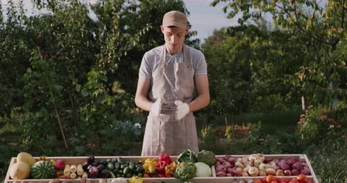 Smiling Man Stands Behind Vegetable Display at Farm