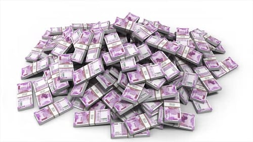 Falling Indian Rupee 2000 Banknotes Forming a Pile of Money