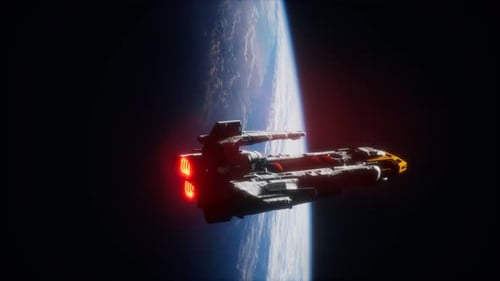 Futuristic Spaceship Flying Above Earth in Space