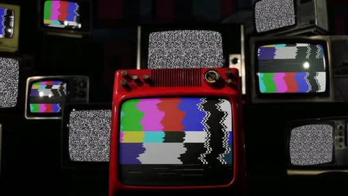 Vintage TV Sets turning on Static Noise and Color Bars. Zoom Out.