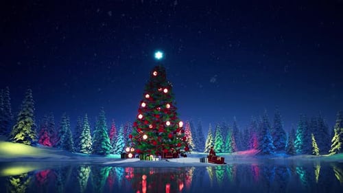 Enchanting Christmas Tree in Snowy Winter Forest with Colorful Lights
