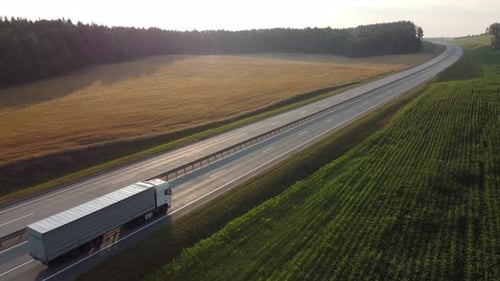 Heavy truck is carrying cargo on the highway in a beautiful area at dawn.