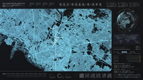 Futuristic GPS Navigation Analysis Interface with Holographic Map