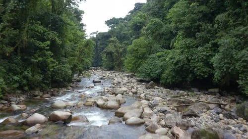 Flying over a beautiful river with large boulders in a tropical forest