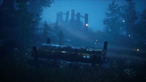 Enchanted Night Forest Scene with Magical Floating Fireflies