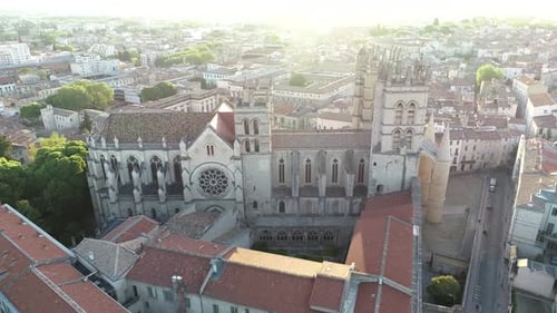 Aerial View of Catholic Cathedral in Montpellier France at Sunrise