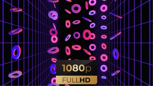 Abstract Neon Rings Floating in Retro Futuristic Grid Tunnel