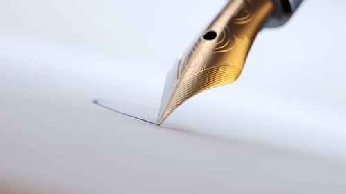 Close up of a quill pen making a check sign with ink in an empty bracket. 4K HD