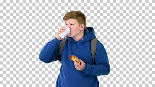 Schoolboy having a croissant and drinking, Alpha Channel