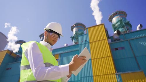 Engineer works in factory with tablet in hand.