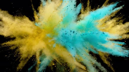 Buntes Pulver/Partikel fliegen, nachdem sie vor schwarzem Hintergrund explodiert wurden. Zeitlupe.
