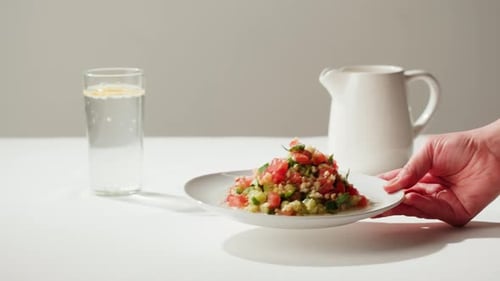 Fresh Salad and Water on White Table