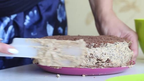 Cake Being Iced with Creamy Frosting Close Up