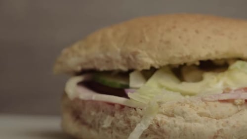 Ham salad sandwich already prepared panning shot close up
