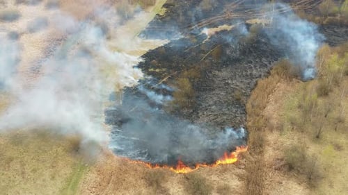 Aerial View Spring Dry Grass Burns During Drought Hot Weather