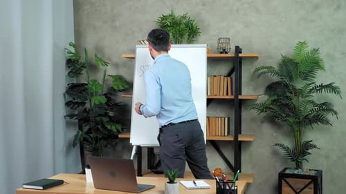 Adult Presents Business Strategy on Whiteboard in Office