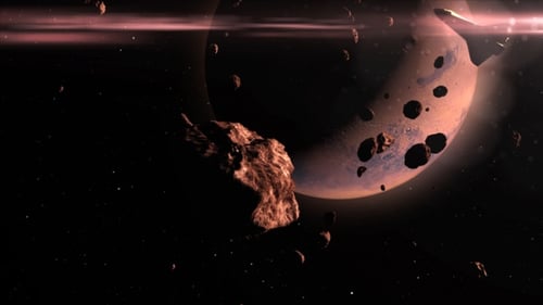 Futuristic Spaceship Flies Through Asteroids Past a Distant Planet